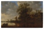 River landscape with six passengers in a row boat and a village along the shore