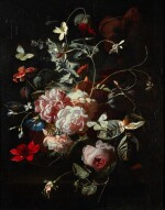 SIMON PIETERSZ. VERELST | STILL LIFE OF PINK ROSES, POPPIES, JASMINE AND OTHER FLOWERS, IN A GLASS VASE ON A TABLE, WITH BUTTERFLIES
