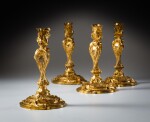 Two pairs of gilt-bronze candlesticks, in the manner of Jules-Aurèle Meissonnier (1675-1750), Louis XV, circa 1730 | Suite de deux paires en bronze ciselé et doré d'époque Louis XV, dans le style de Jules-Aurèle Meissonnier (1675-1750), circa 1730
