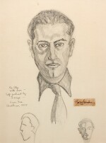 G. Gershwin, self-portrait in black crayon, [c.1935], with a presentation inscription by Ira Gershwin in 1955