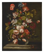 SIMON PIETERSZ. VERELST | STILL LIFE OF ROSES, TULIPS, AN IRIS AND OTHER FLOWERS, IN A GLASS VASE, RESTING ON A TABLE