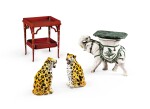 Lot including a ceramic and marble table, a parcel-gilt red lacquered table, and a pair of ceramic panthers, 20th century 