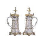 A MAGNIFICENT PAIR OF GERMAN PARCEL-GILT SILVER TANKARDS, RETAILED BY GORHAM CO., PROVIDENCE RI, CIRCA 1881