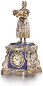 A SILVER, ENAMEL AND LAPIS PRESENTATION CLOCK, KHLEBNIKOV, MOSCOW, 1891