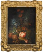 DUTCH SCHOOL, MID-19TH CENTURY | A still life of flowers, insects and fruit, including peaches, a blue iris, a melon and nuts on a stone ledge