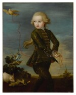 Portrait of a boy of the Gradenigo family, possibly Ferigo (Born 1758), full length, with his pet dove on a ribbon, a white rabbit in the background