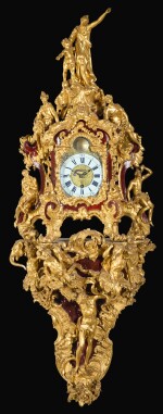 AN AUSTRIAN ROCOCO CARVED GILTWOOD BRACKET CLOCK, MID-18TH CENTURY, DIAL AND MOVEMENT ASSOCIATED