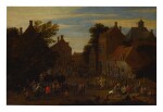 ATTRIBUTED TO MATTHIJS SCHOEVAERDTS | A VIEW OF A MARKET IN THE CENTER OF A TOWN