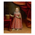 TIBERIO TITI | PORTRAIT OF A YOUNG BOY WEARING AN ELABORATE RED DRESS, STANDING NEAR A DRUM IN AN INTERIOR