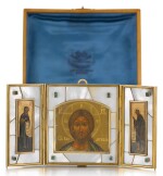 A GEM-SET SILVER-GILT AND MOTHER OF PEARL TRAVELLING TRIPTYCH ICON, OLOVYANISHNIKOV AND SONS, MOSCOW, 1908-1917