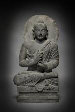 A gray schist figure of Shakyamuni Buddha, Ancient Region of Gandhara, 3rd - 5th century | 犍陀羅 三至五世紀 灰片岩雕釋迦牟尼佛坐像