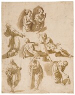  JACOPO PALMA, CALLED PALMA IL GIOVANE |  A SHEET OF STUDIES AFTER TINTORETTO, INCLUDING THE TEMPTATION OF ADAM AND EVE