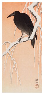 Ohara Koson (1877-1945) | Crow on Snowy Willow Branch at Dawn | Showa period, 20th century