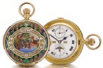 WEST END WATCH CO. | A GOLD, ENAMEL, DIAMOND, RUBY AND EMERALD-SET HALF-HUNTING CASED MINUTE REPEATING CHRONOGRAPH WATCH WITH CALENDAR AND MOON-PHASES | CIRCA 1910