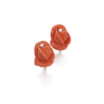 Pair of coral and diamond ear clips, 1960s