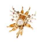 ROLEX | A YELLOW GOLD, DIAMOND, RUBY AND SAPPHIRE-SET BROOCH WITH TIMEPIECE, CIRCA 1960