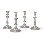 A SET OF FOUR GEORGE II SILVER CANDLESTICKS, ATTRIBUTED TO JAMES SCHRUDER, LONDON, CIRCA 1745