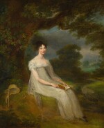 MARIA SPILSBURY  |  PORTRAIT OF A LADY IN A WHITE DRESS, FULL-LENGTH, READING IN A LANDSCAPE
