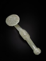 A pale celadon jade ruyi scepter, Qing dynasty, 19th century | 清十九世紀 青白玉雕八仙圖如意
