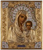 An icon of the Kazanskaya Mother of God, in a silver-gilt and cloisonné enamel oklad, Ivan Alexeev, Moscow, 1899-1908