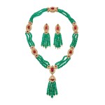 Van Cleef & Arpels | Emerald, Ruby and Diamond Necklace and Pair of Earclips 梵克雅寶 祖母綠配紅寶石及鑽石項鍊及耳環一對