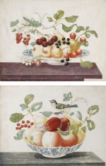 Italian School, possibly 19th Century | A PAIR OF STILL LIFES, DEPICTING BIRDS AND INSECTS ON FRUIT, IN CERAMIC BOWLS