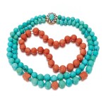 Two coral and turquoise necklaces (Due collane in corallo e turchesi)