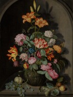 Bouquet of tulips, lilies, and carnations in a glass vase with apples, grapes, a lizard and butterfly, in a stone niche