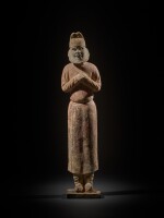 A painted gray pottery figure of a foreigner, Sui dynasty | 隋 灰陶加彩胡人立俑