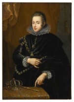 FLEMISH SCHOOL, 17TH CENTURY | PORTRAIT OF KING PHILIP IV OF SPAIN, HALF LENGTH, DRESSED IN BLACK ROBES WITH A GOLILLA COLLAR AND STANDING BEFORE A TABLE WITH A CROWN AND SCEPTRE