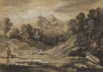 FOLLOWER OF THOMAS GAINSBOROUGH, R.A. | Shepherd with his flock in a mountainous landscape