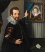 ITALO-FLEMISH SCHOOL, 17TH CENTURY | A portrait of a gentleman standing beside a framed portrait of a lady, with his right hand on his hip and a letter and gloves resting on a table