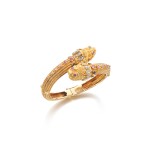 Gold, pink sapphire, sapphire and diamond bangle