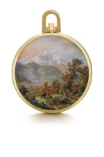 A UNIQUE AND VERY FINE GOLD OPEN-FACED KEYLESS LEVER WATCH WITH POLYCHROME ENAMEL PAINTED SCENE BY SUZANNE ROHR 1969, REF. 715/18, MOVEMENT NO. 893323 CASE NO. 432832 [百達翡麗獨特黃金懷錶，飾SUZANNE ROHR彩繪琺瑯畫，1969年製，編號715/18，機芯編號893323，錶殼編號432832]