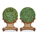 A pair of spinach-green jade 'prunus' table screens Qing dynasty, Qianlong period | 清乾隆 碧玉梅花紋圓插屏一對
