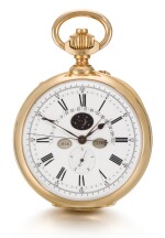 BREGUET   [寶璣]  | A FINE AND EXTREMELY RARE PINK GOLD OPEN-FACED TWO-TRAIN PERPETUAL CALENDAR CHRONOGRAPH WATCH WITH JUMPING FIFTHS, RETROGRADE DATE AND MOON PHASES    NO. 4420, SOLD TO MONSIEUR JEAN DOLLFUS ON 12 JULY 1922 FOR 6,500 FRANCS   [極罕有粉紅金雙發條萬年曆計時懷錶備1/5 秒跳秒功能、逆跳日期及月相顯示，編號4420，1922年7月12日以6,500法郎售出]