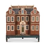A Rare Queen Anne Polychrome Painted Oak and Pine Child's Wardrobe in the form of a 17th-Century Anglo-Dutch Manor House, the back and one side signed and dated EDMUND JOY 1709 
