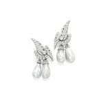 Pair of Natural Pearl and Diamond Earclips