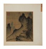 Viewing pavilion on mountain cliff, ink and color on silk, mounted for framing | 夏圭(款) 山亭遠望 設色絹本 鏡片