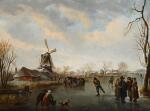 ANDRIES VERMEULEN | Figures skating on a frozen river by a windmill