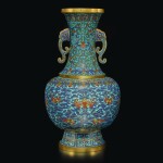 An exceptionally rare cloisonné enamel 'bats and clouds' vase, Qing dynasty, Qianlong period | 清乾隆 銅胎掐絲琺瑯雲蝠紋雙耳瓶