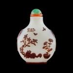 An inscribed Yangzhou russet-brown overlay glass 'cat and butterflies' snuff bottle Qing dynasty, 19th century | 清十九世紀 揚州作涅白地套褐紅料耄耋圖鼻煙壺