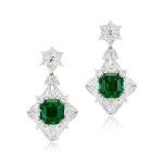 Pair of Emerald and Diamond Pendent Earrings | 8.89 及 8.89克拉 天然「哥倫比亞」無油祖母綠 配 鑽石 耳墜一對