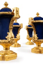 Two pairs of gilt-bronze mounted Chinese blue powder 'Medici' porcelain vases cornets and covers, the porcelain Qienlong (1736 - 1795), the mounts Louis XV, circa 1770 - 1775