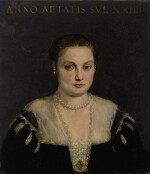 CIRCLE OF PAOLO CALIARI, CALLED PAOLO VERONESE | PORTRAIT OF A YOUNG LADY, BUST LENGTH, IN A BLACK SLASHED DRESS WITH PEARL NECKLACES