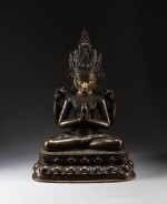 A copper-alloy figure of Sadaksari Avalokitesvara Central Tibet, ca. 14th century | 西藏 約十四世紀 局部鎏金銅合金四臂觀世音菩薩坐像