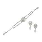 Diamond 'Sous la Signe du Lion' Bracelet and Pair of Cultured Pearl and Diamond Earclips, France