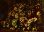 Still life with watermelons, grapes, apples, pomegranates and other fruits, with two children