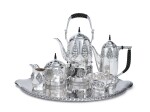 A German Silver Jugendstil Five-Piece Tea and Coffee Set with Matching Tray, Designed by Fritz Schmoll von Eisenworth for Bruckmann & Söhne, Heilbronn, Circa 1913