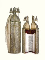A RARE SET OF CHINESE EXPORT PARCEL-GILT SILVER-CASED TORAH SCROLL AND HAFTARAH SCROLL, THE SCROLLS SENT BY THE BEN ISH HAI TO FLORA SASSOON, THE CASES MARKED GOTHIC K, PROBABLY 1893